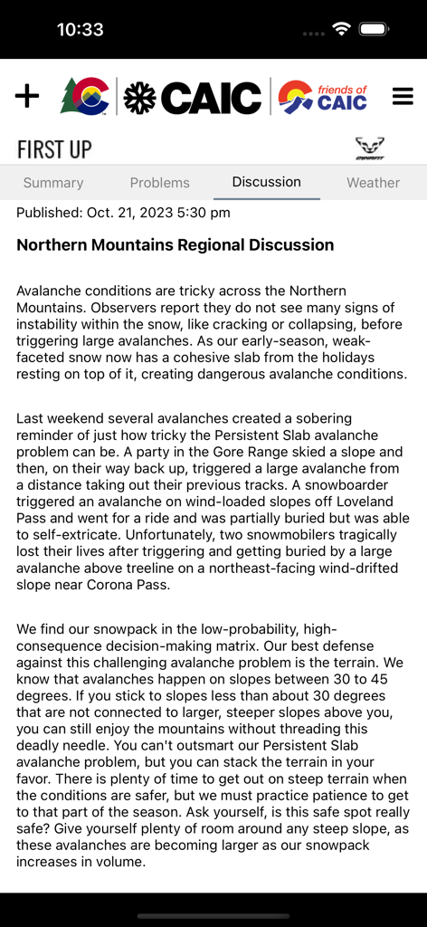 CAIC - Screenshot of the CAIC mobile app displaying the Northern Mountains Regional Discussion about avalanche conditions and safety advice