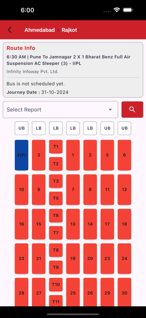 i Agent Infinity - Sleeper bus seat layout and occupancy view in the i Agent Infinity app