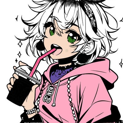 hot baddie anime girl drinking boba and biting the straw