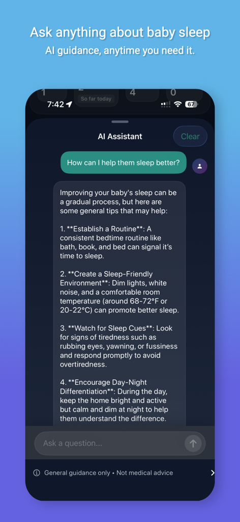 Nestling: Baby Tracker & Log - AI Assistant interface in the Nestling app providing tips on how to improve baby sleep