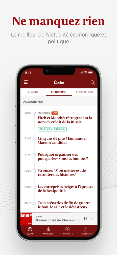 L'Echo - L'Echoモバイルアプリのニュースフィード。経済・政治のヘッドラインが表示されています。
