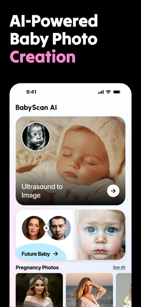 Interfaz de aplicación móvil que muestra funciones de IA para transformar ecografías en fotos realistas de bebés y predecir la apariencia futura del bebé a partir de fotos de los padres.