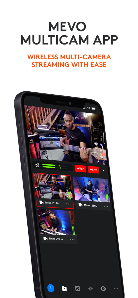 Logitech Mevo Multicam - Logitech Mevo Multicamアプリのインターフェースを表示するスマートフォン。ワイヤレスマルチカメラライブストリーミング用。
