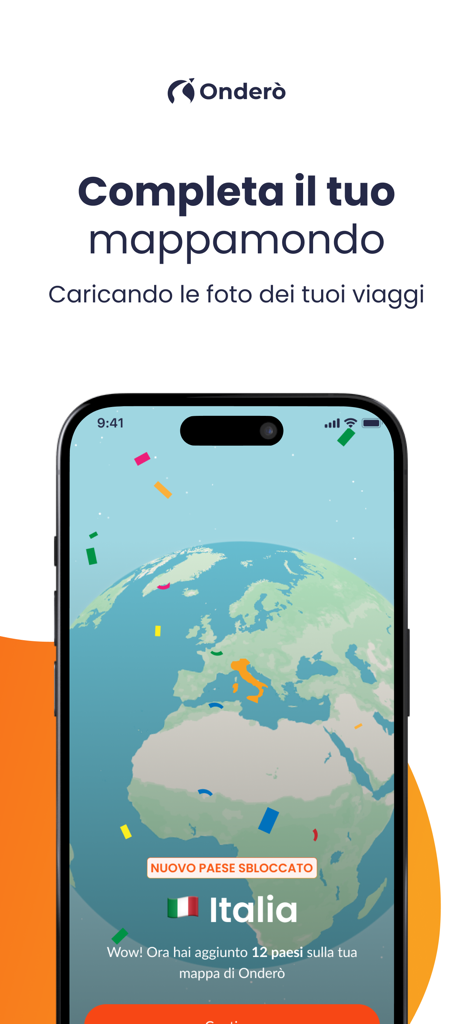 Onderò - Onderò mobile app screen showing a digital globe with Italy highlighted as a newly unlocked country after uploading travel photos