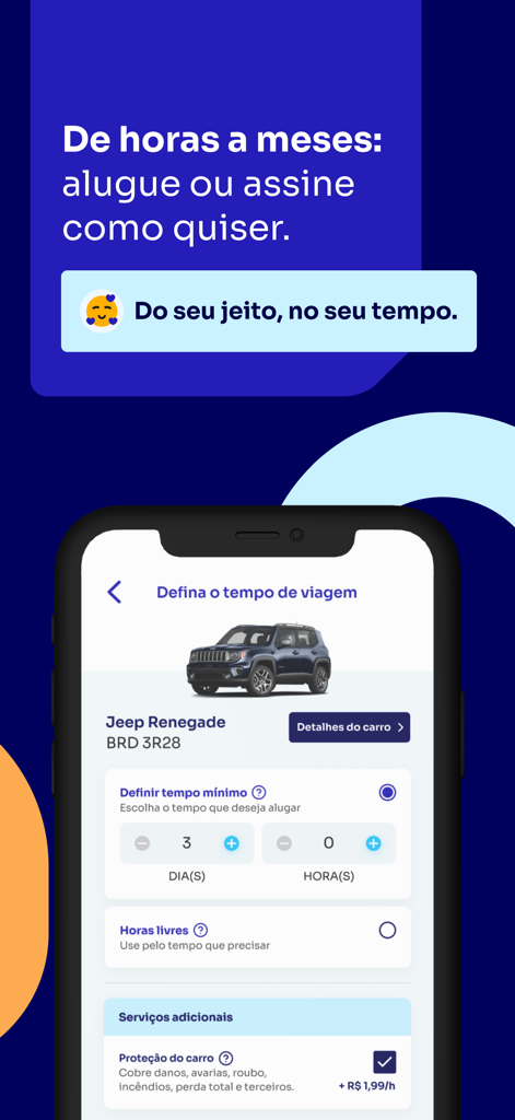 Interface of the Turbi app allowing users to choose car rental duration by hours or days for a Jeep Renegade