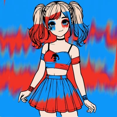 realistic girl in a skirt crop top and pigtails