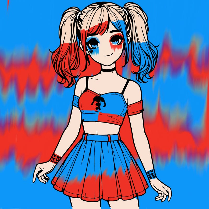 realistic girl in a skirt crop top and pigtails