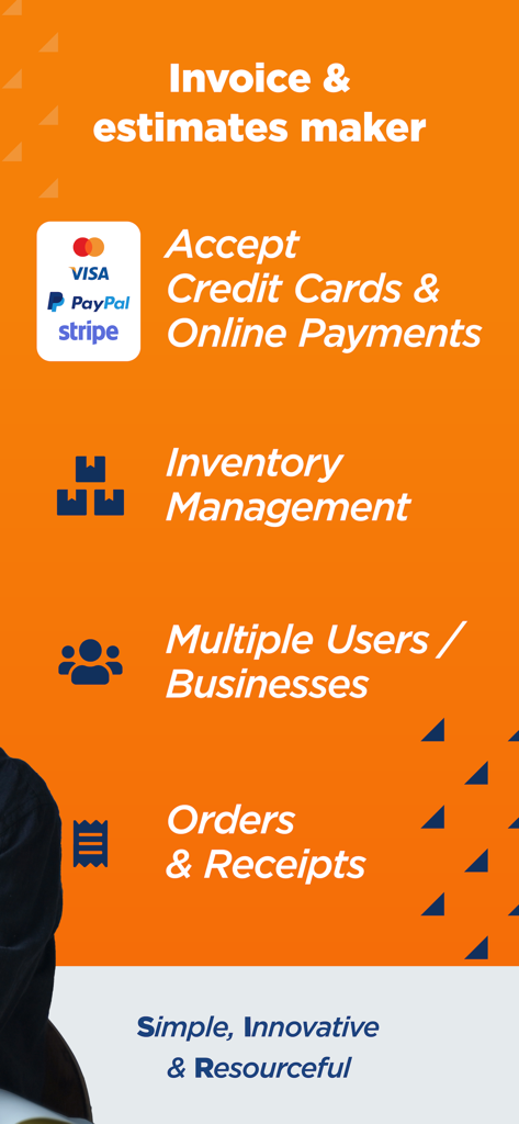 Simple Invoice Maker & Receipt - Funciones clave de la aplicación SIR que incluyen creador de facturas y presupuestos, pagos en línea, gestión de inventario y recibos
