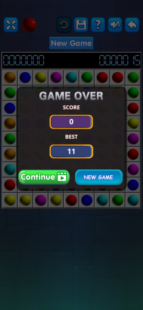 Line 98 - Lines 98 -Color Line - Game over screen in Line 98 puzzle app showing the final score and a grid of colored balls