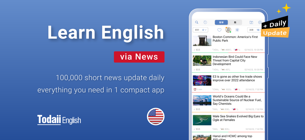 Todaii: Learn English - Todaii app dashboard showing news articles for learning English with daily updates