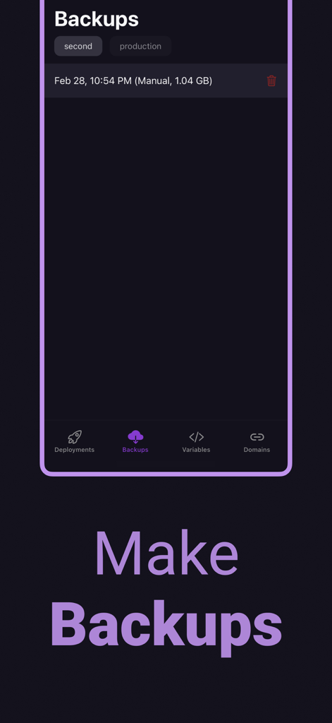 Railway.app Client — Station - A screenshot showing the backups management interface in the Station Railway app client for developers