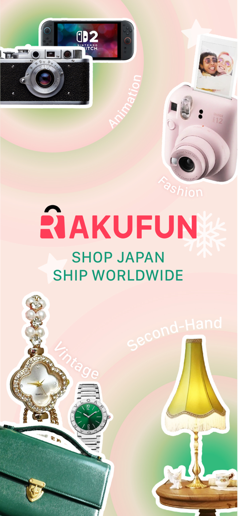 Rakufun:Buy From Japan - 일본 전자제품, 패션, 빈티지 수집품을 전 세계 배송으로 보여주는 라쿠펀 홍보 배너
