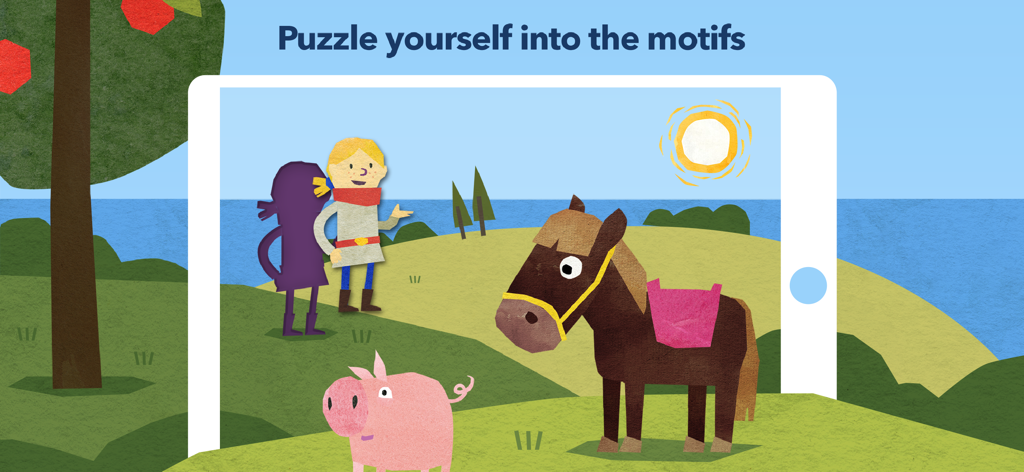 Fiete Puzzle - KidsKlub - A hand-illustrated farm scene with a horse and pig from the Fiete Puzzle kids app