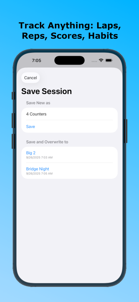 Counter on Me - iPhone screen of the Counter on Me app showing the save session interface with options to name a new tally or overwrite existing game records like Bridge Night