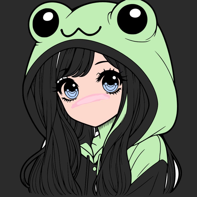 a pretty girl wearing a frog hoodie portrait with long hair