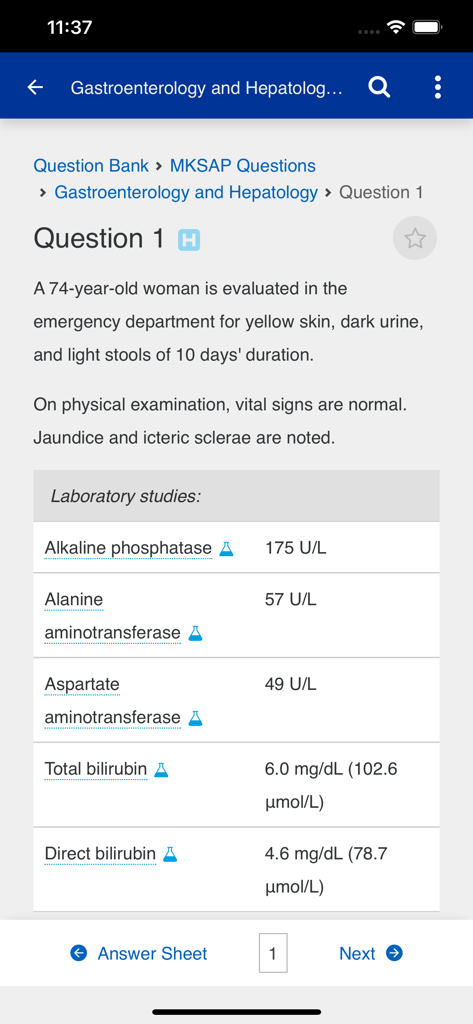 MKSAP 19 app interface showing a gastroenterology clinical scenario and laboratory results table