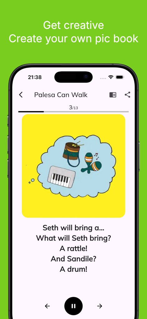 PicBook: Picture Book Creator - Interfaz de la aplicación PicBook que muestra una página de un libro ilustrado personalizado con ilustraciones de instrumentos musicales y texto de la historia interactiva.