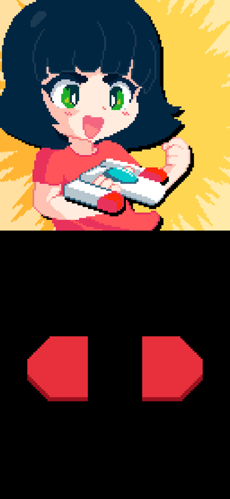 pureya - Pixel art illustration of a girl holding a handheld gaming console above two red arrow buttons for game control