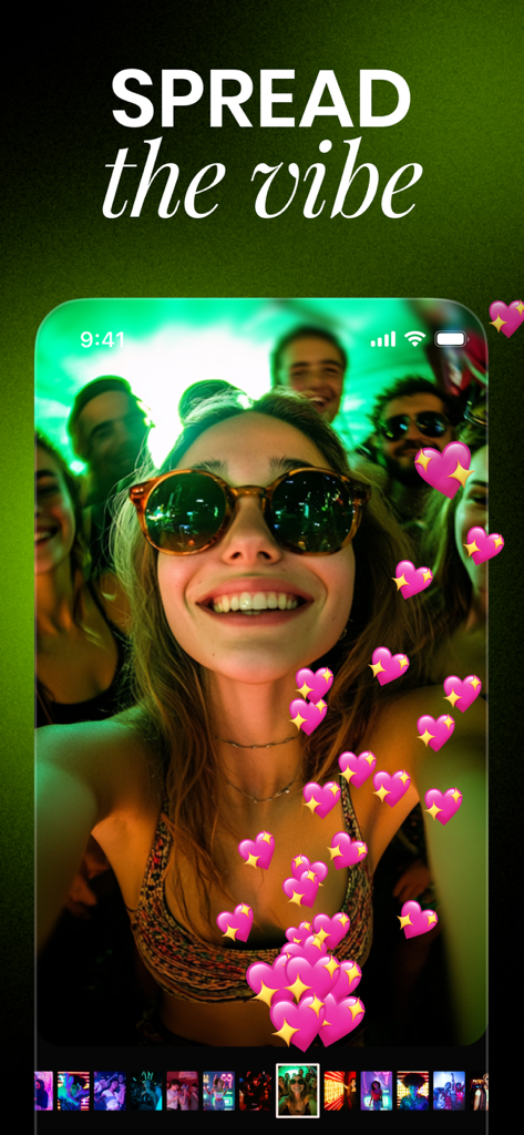 Una selfie grupal en la aplicación PartyCam con reacciones de corazón y el texto "Spread the vibe."