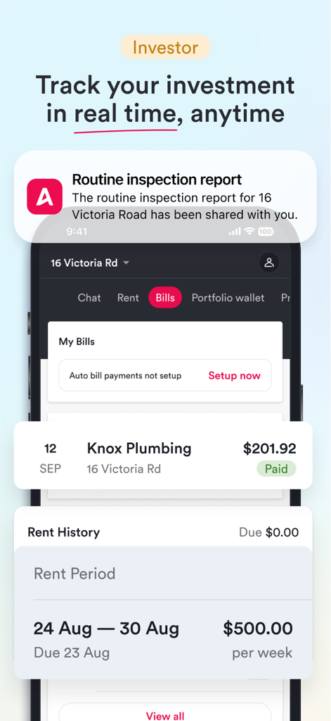 Ailo - Ailo app dashboard showing real-time property investment tracking, rent history, and bills for landlords.