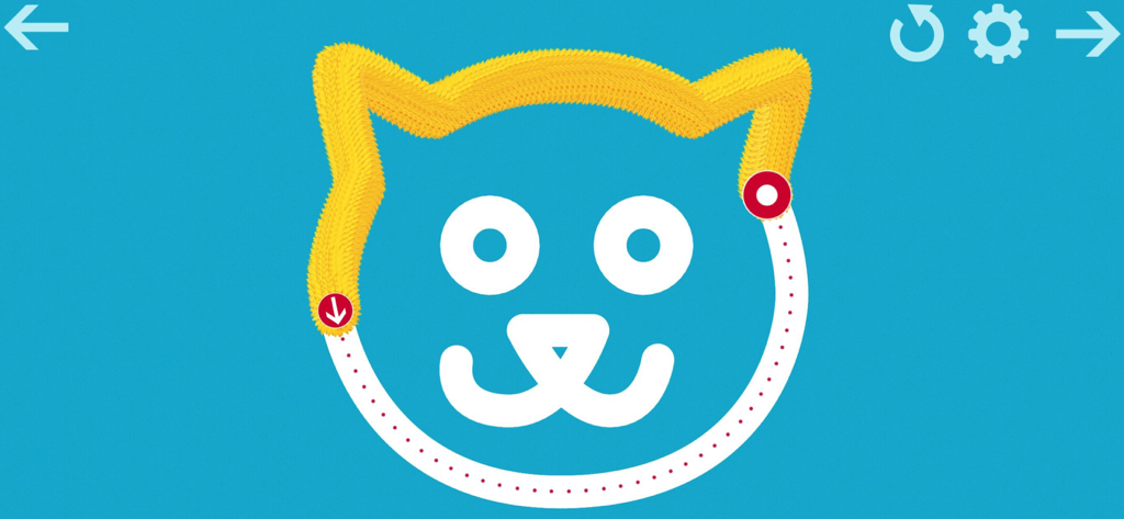 Un enfant trace la forme d'une tête de chat avec un effet flou jaune dans l'application éducative Writing Wizard