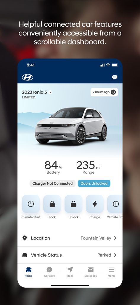 A smartphone screen displaying the MyHyundai with Bluelink dashboard for a Hyundai Ioniq 5 showing battery percentage and remote controls.