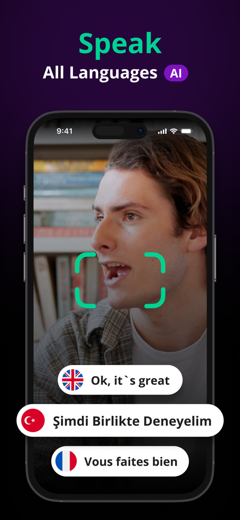 AI Video Translator & Dubbing - AI Video Translator app dubbing a speaker into multiple languages including English Turkish and French