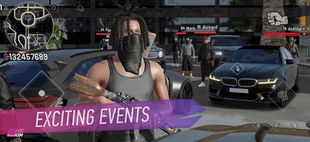 Giocatori riuniti con auto e armi personalizzate durante un emozionante evento di strada nel simulatore di gioco di ruolo ONE LION