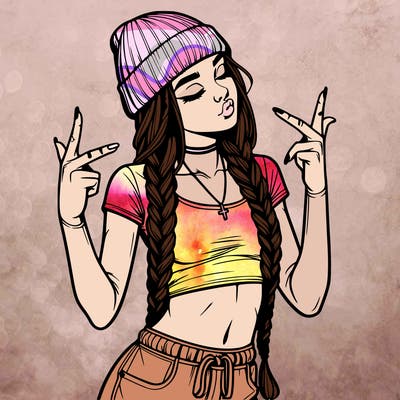 realistic teenage girl with braids and a beanie and crop top doing 🫶🏼