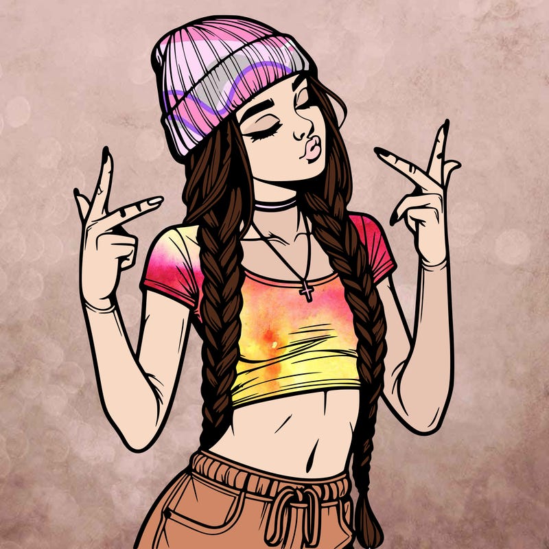 realistic teenage girl with braids and a beanie and crop top doing 🫶🏼