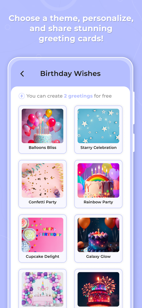 GreetingAI - AI Card Maker - A selection of colorful birthday card themes in the GreetingAI mobile app interface.