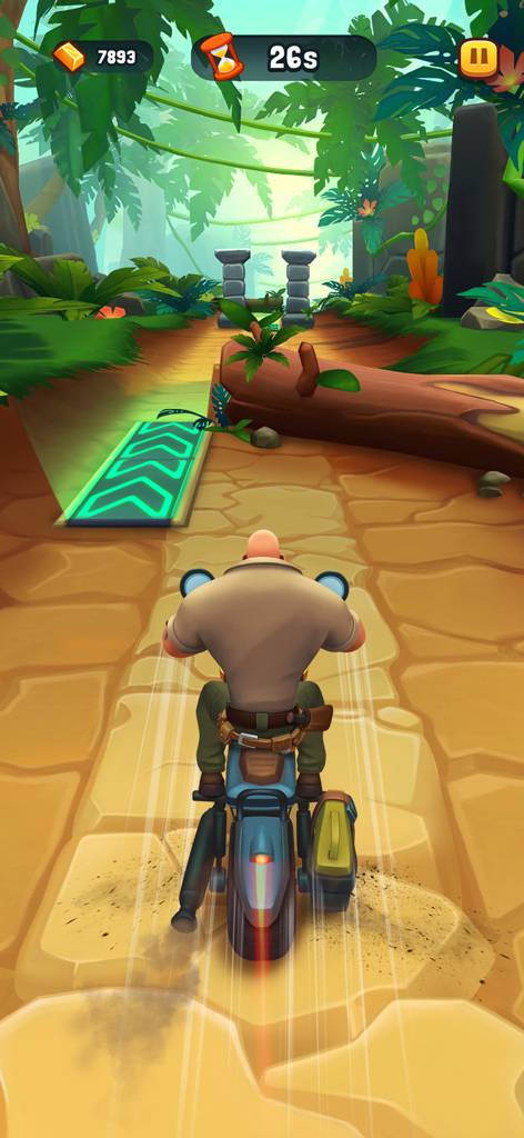 Personaje del Dr. Bravestone montando una motocicleta en un entorno selvático en Jumanji Epic Run.