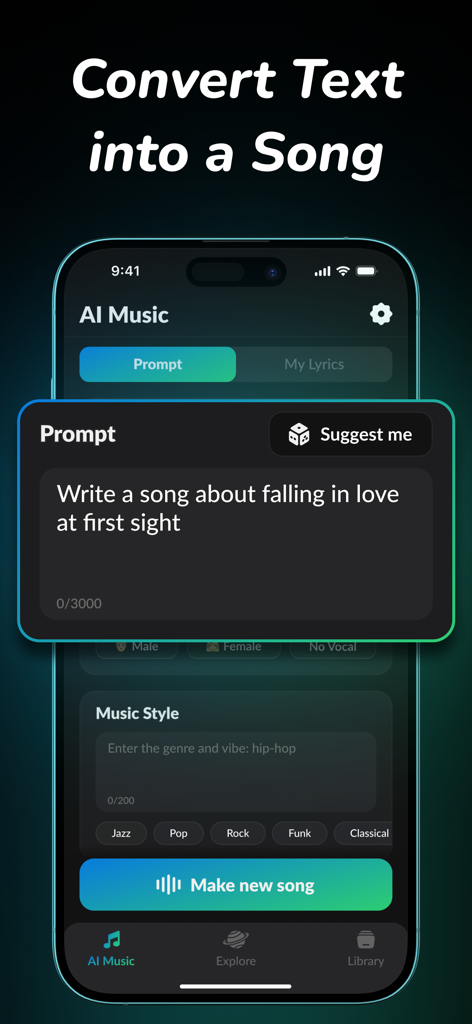 AI Song Maker ~ SuperAI Music - Mobile app interface of AI Song Maker showing how to convert a text prompt into a song with different music styles.