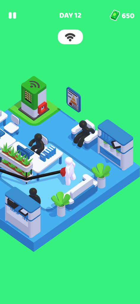 Uma captura de tela de Staff! Job and Life Simulator mostrando um personagem realizando uma tarefa em um ambiente de escritório isométrico.