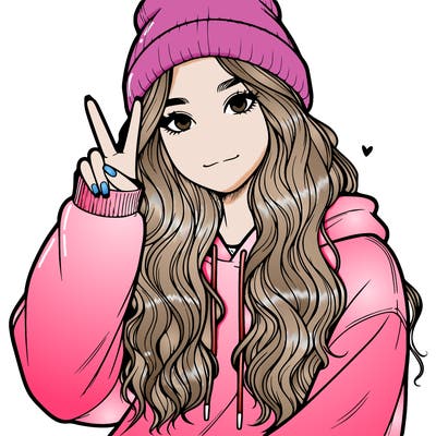 a teenage girl in a beanie, oversized sweatshirt, wavy long hair, and is showing a ✌️