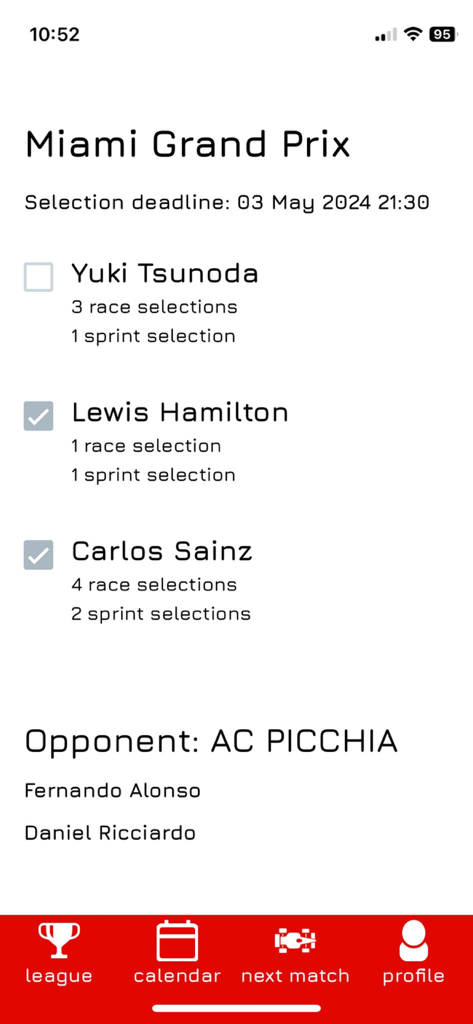 Fantasy F1 - Interface de seleção de pilotos no aplicativo Fantasy F1 para o Grande Prêmio de Miami mostrando as seleções de corrida e sprint.