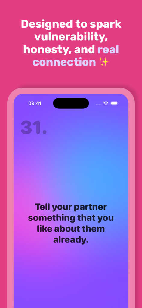 36 Questions To Fall In Love! - Una captura de pantalla de smartphone de la aplicación 36 Questions To Fall In Love que muestra una indicación para decirle a tu pareja algo que te gusta de ella.