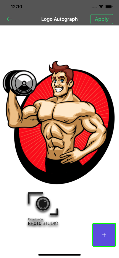 Logo Maker and Design Creator - Mobile app interface displaying a fitness logo with a muscular man and a professional photography studio logo template