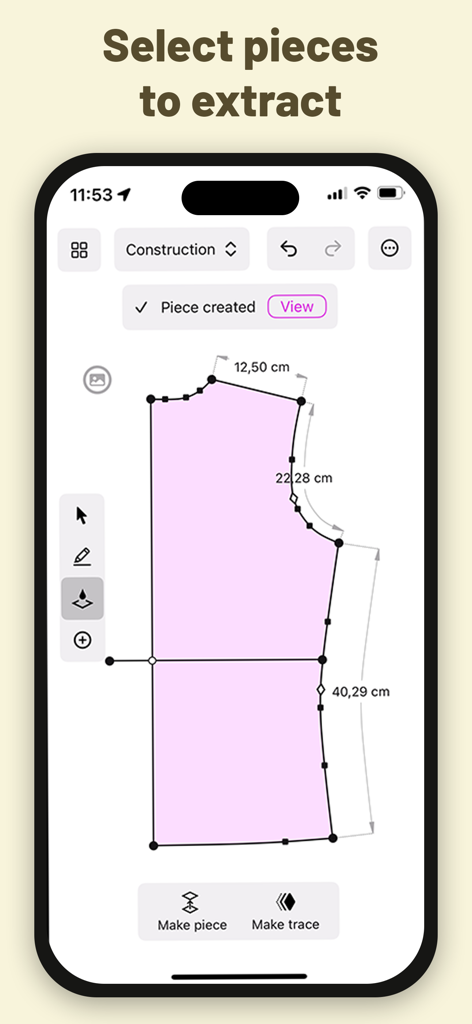 DartSide app interface showing digital sewing pattern piece extraction with precise measurements