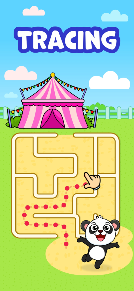 Eine Benutzeroberfläche eines Kleinkind-Nachzeichnungsspiels, die einen Labyrinth mit einem Pfad aus roten Punkten zeigt, der zu einem niedlichen Panda und einem Zirkuszelt führt.