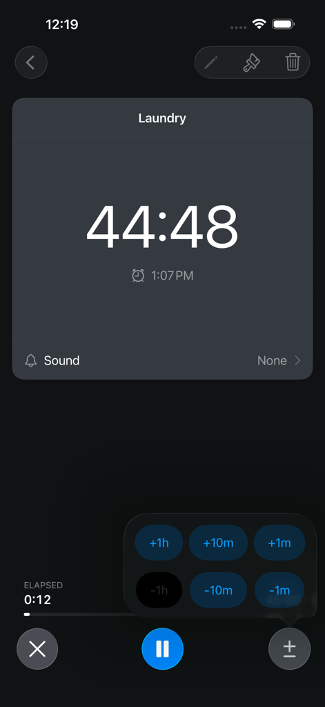Timer+ Timers and Stopwatches - Timer plus app screen displaying a countdown for a laundry timer with quick time adjustment buttons