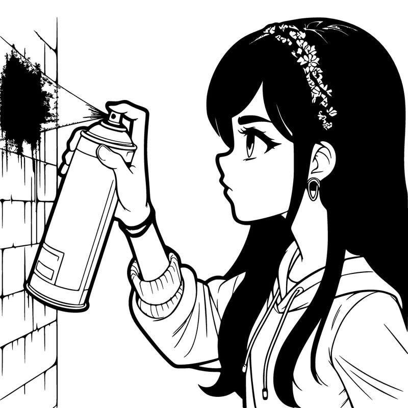 a realistic girl spray painting a wall