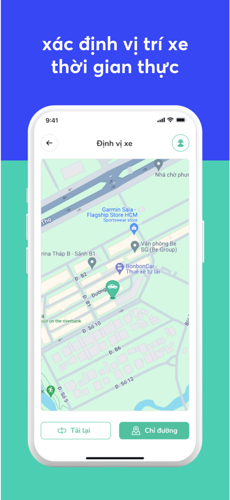 BonbonCar - Thuê xe tự lái - Un smartphone montrant l'interface de l'application BonbonCar avec une carte pour le suivi de localisation des voitures en temps réel