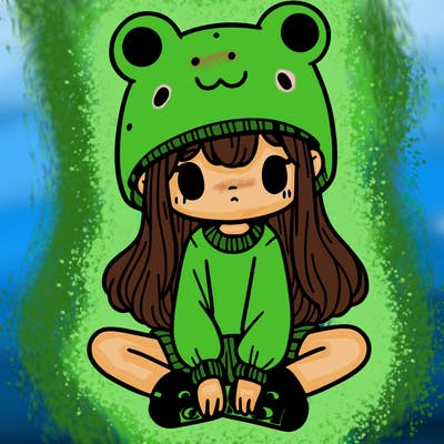a girl wearing a frog hat and some frog socks