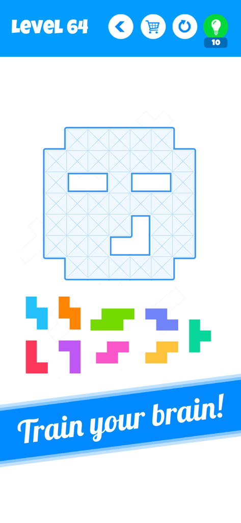 Gameplay of Blocks New Tangram Puzzles showing a shape to fill with colorful blocks and a train your brain banner