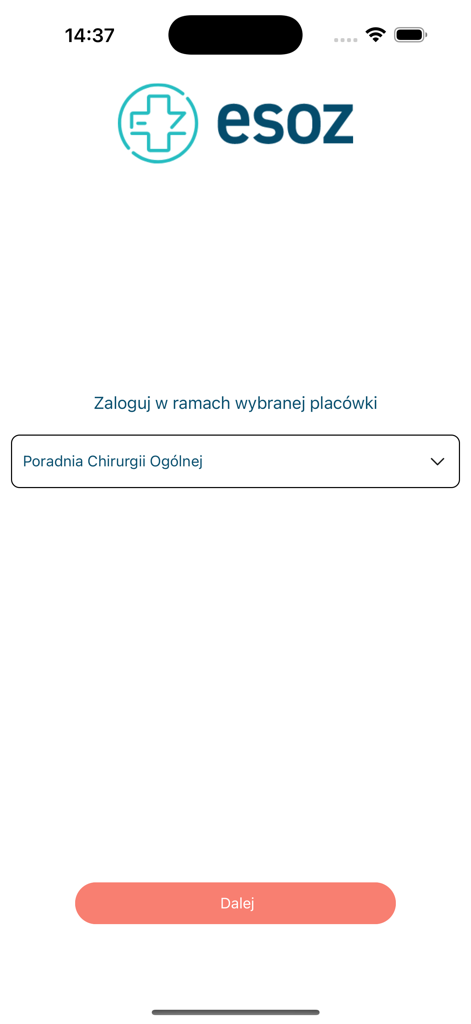 ESOZ - ESOZ medical app login screen with facility selection dropdown