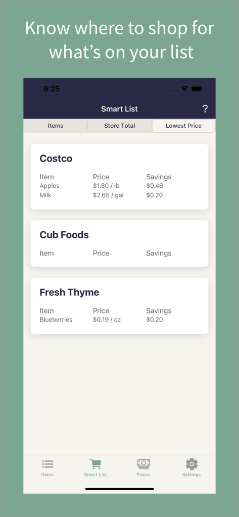 PricedLess - PricedLess 앱의 스마트 목록 화면으로 Costco 및 Cub Foods와 같은 여러 식료품점 간의 최저 품목 가격 비교 표시