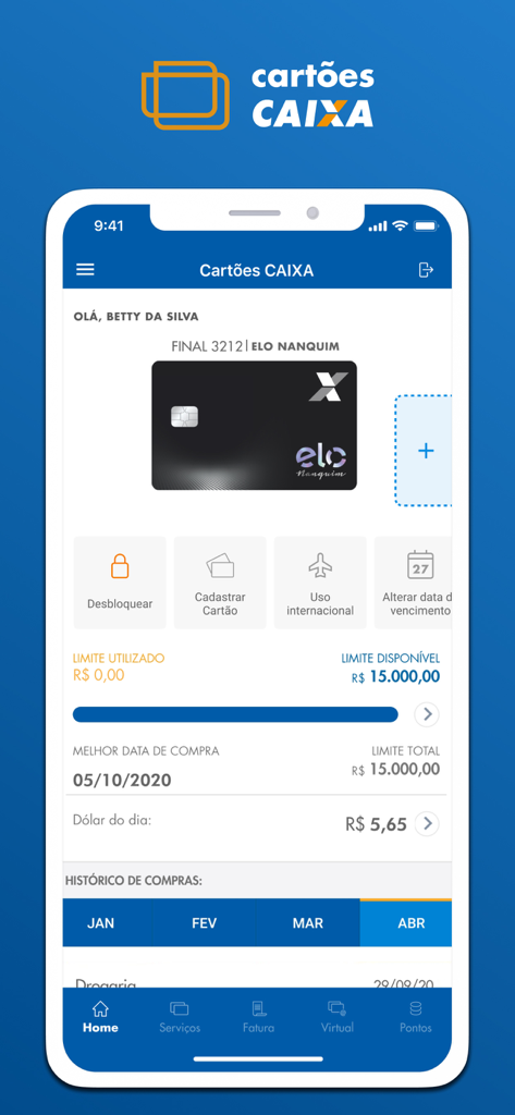 Interface of the Cartões CAIXA mobile app displaying credit card details and financial management options.