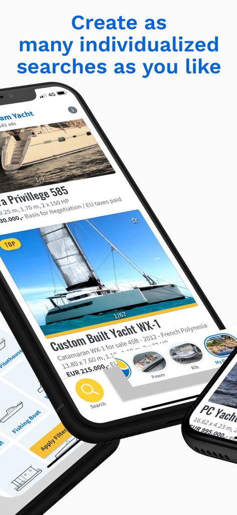 Interfaccia dell'app Boat24 che mostra risultati di ricerca personalizzati di yacht