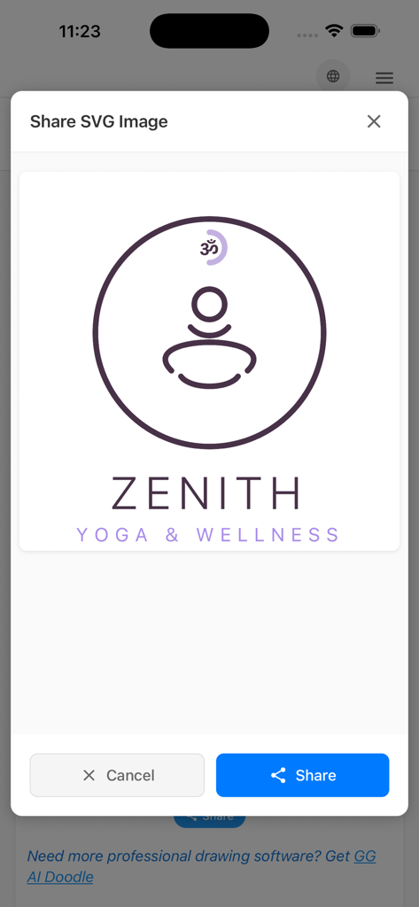 GG AI LogoMaker - Un logo profesional de yoga y bienestar para Zenith creado en la app GG AI LogoMaker con opciones para compartir como imagen SVG.
